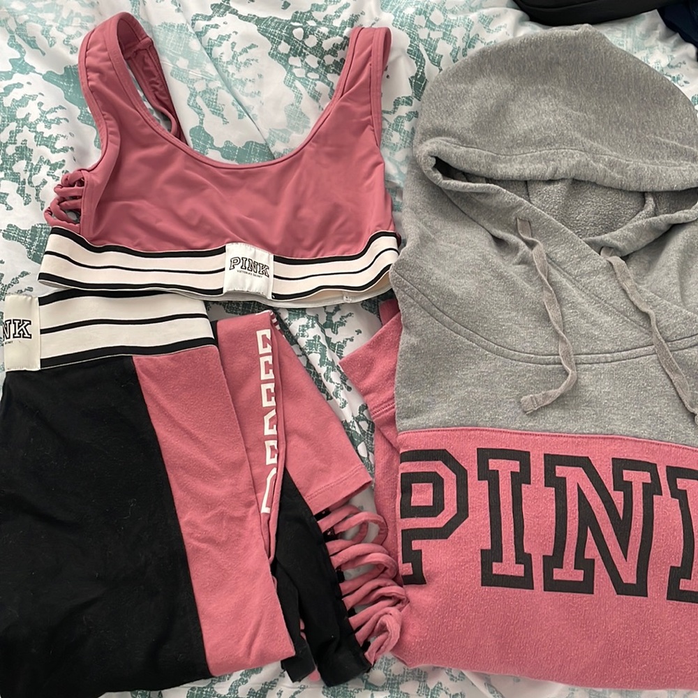 VS pink set- sweatshirt, sports bra, leggings